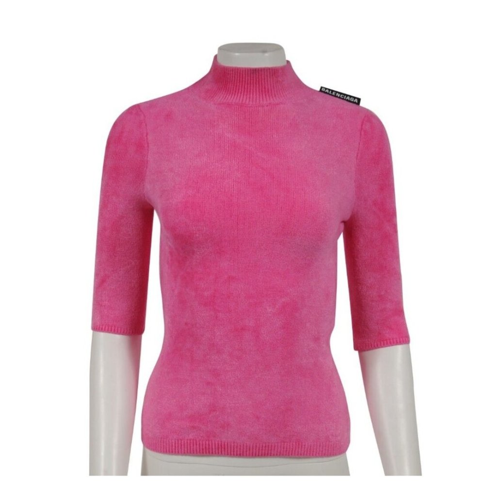 Balenciaga Women Turtleneck Sweater Small Pink Stretch Velvet Knit Short Sleeve